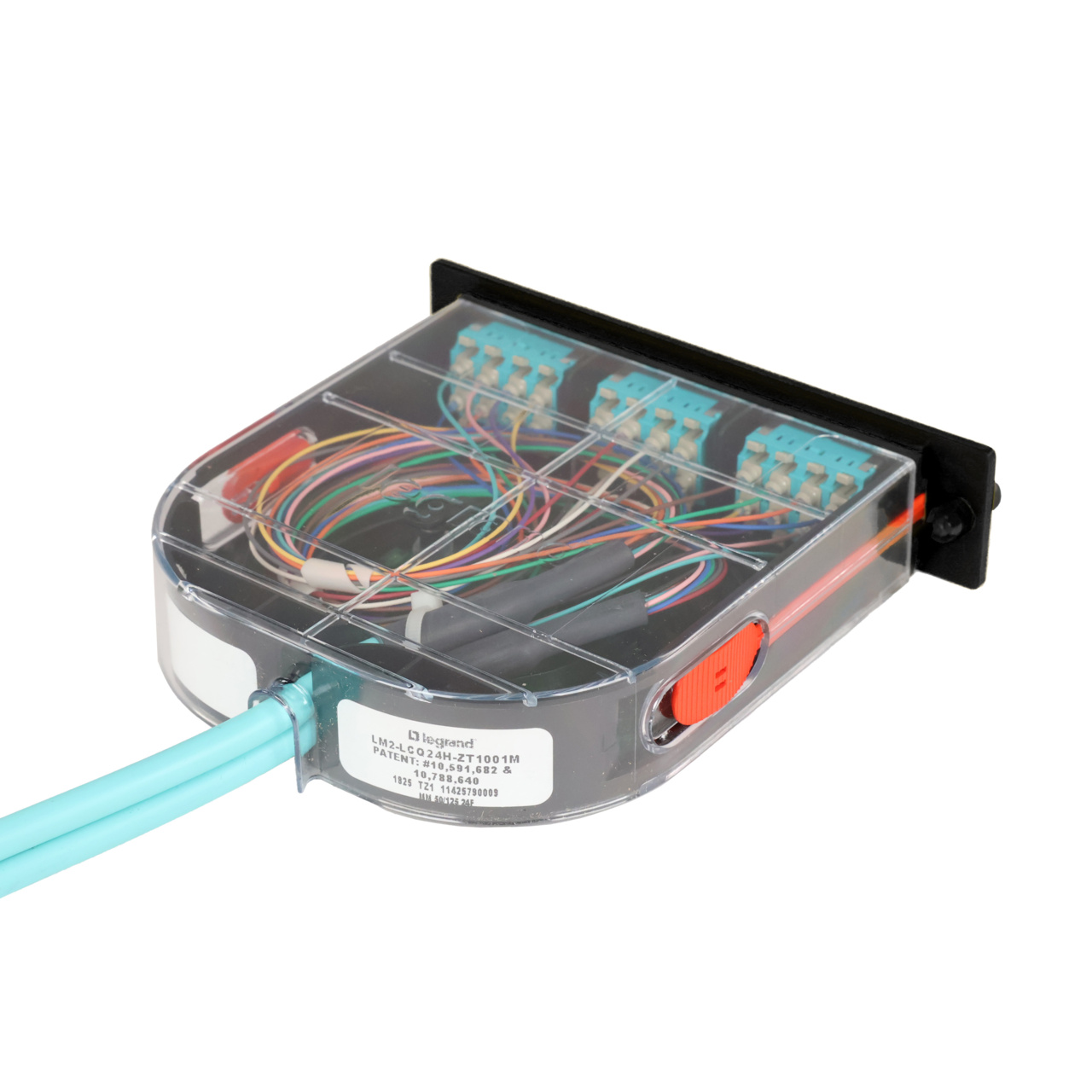 LM2 Cassette, 24 Fiber, LC Quad (6), Multimode (OM4) to 1 Meter, 900µm Tight Buffer Pigtail back