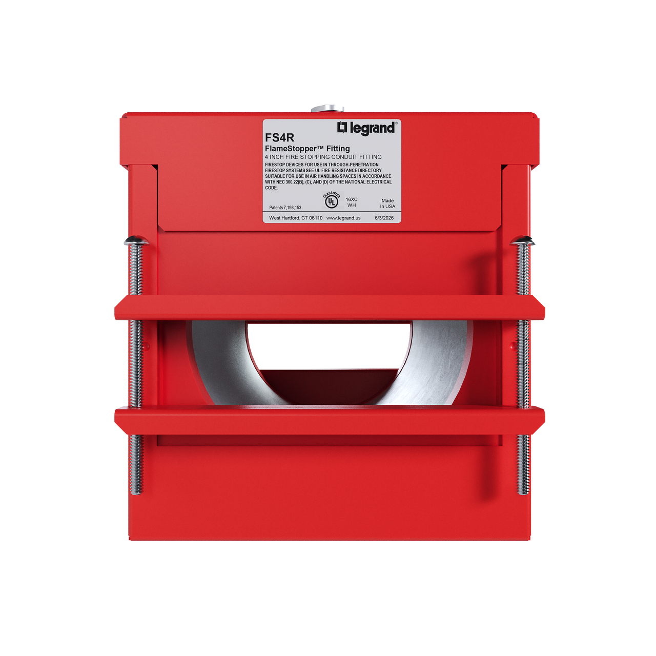 Firestop penetration seal with metal pipe and red mounting hardware