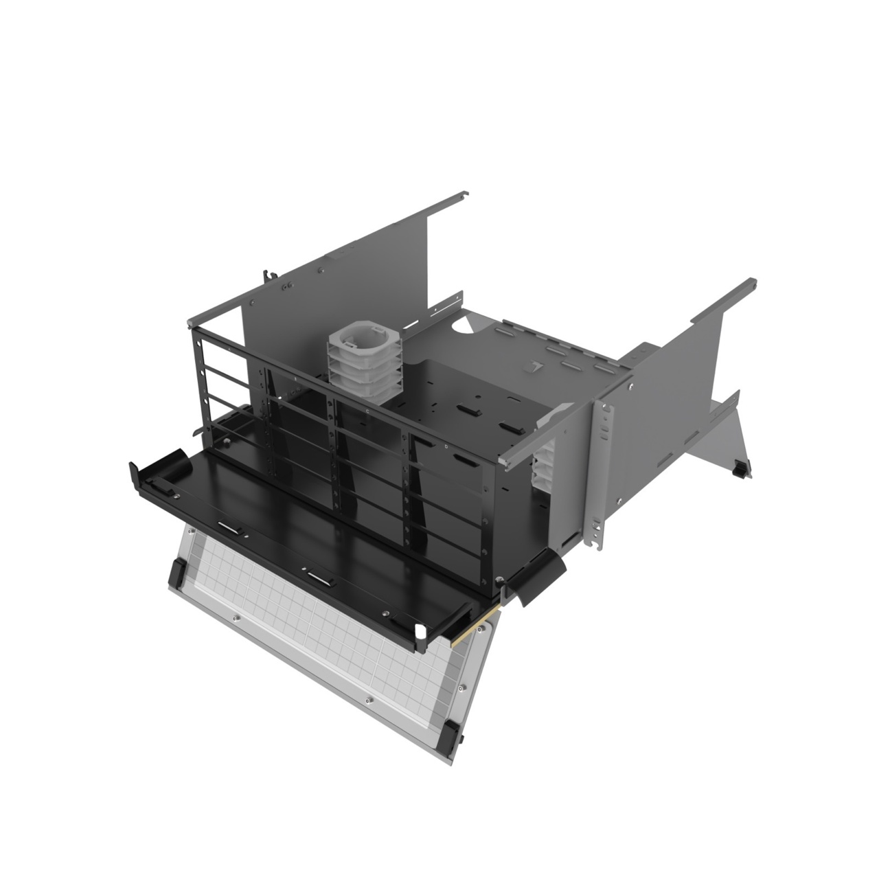 Angled Left, Top Open, Doors Open View of 4U Q-series HD Magnesium Fiber Enclosure (EQ04U-KHL-M)