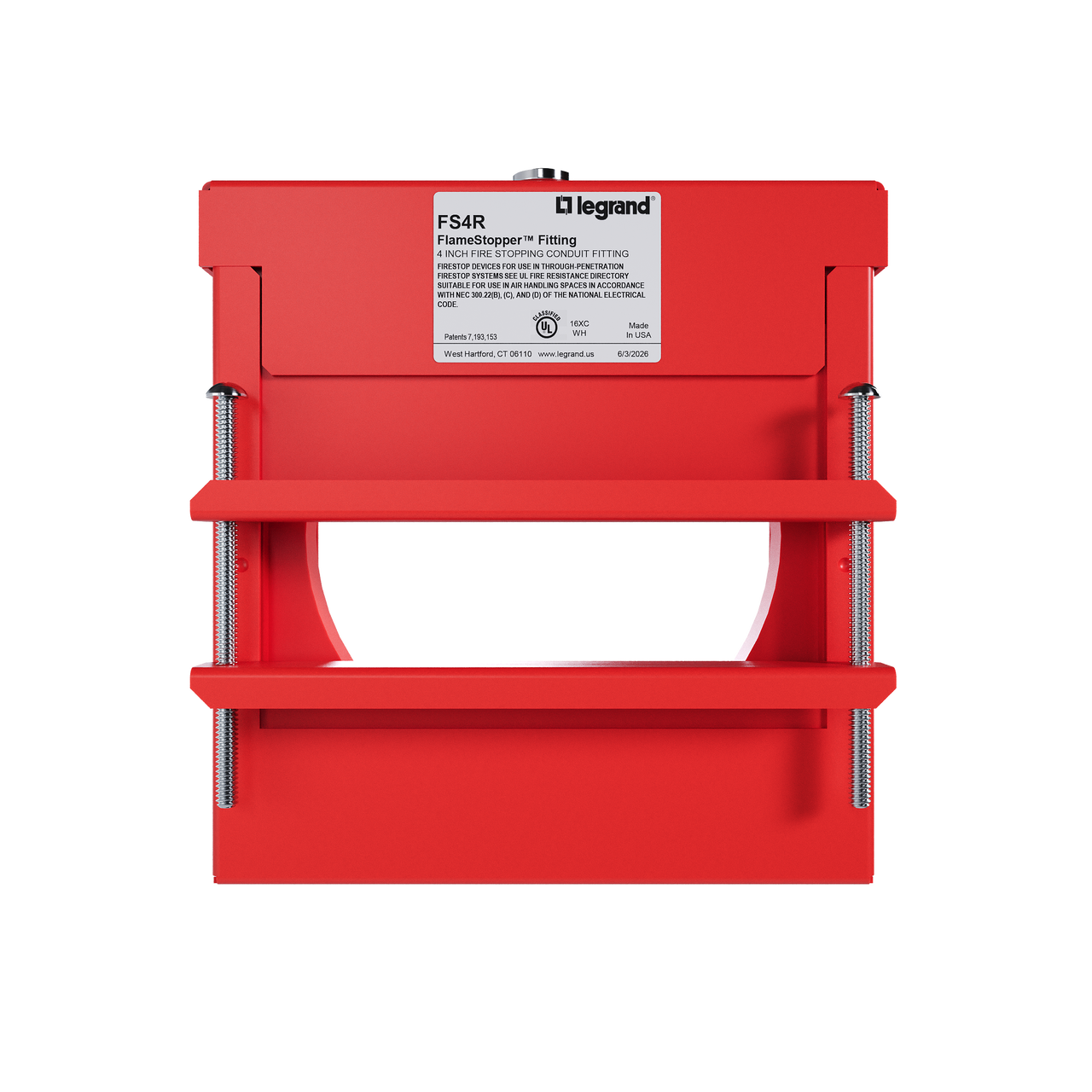 Flamestopper firestop fitting with red steel housing and adjustable mounting hardware for pipe and conduit penetrations