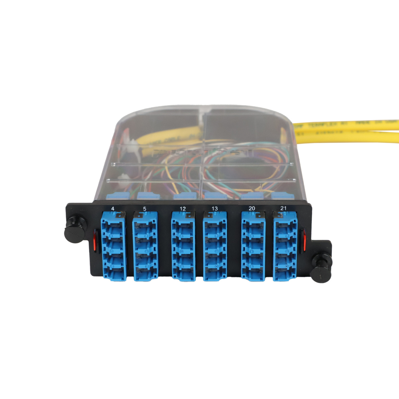LM4 Cassette, 24 Fiber, LC Quad (6), Single Mode (OS2) to 1 Meter, 900µm Tight Buffer Pigtail trimetric top