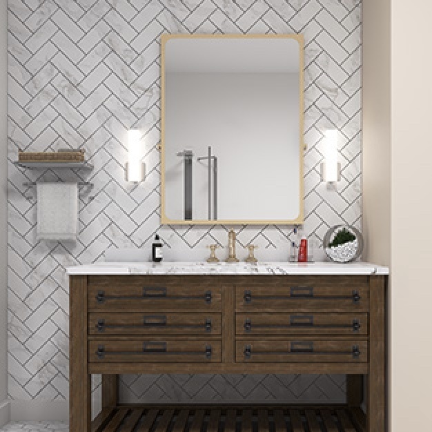 tiled bathroom with sink and counter with mirror and soap below two sconces to the left and right of large mirror