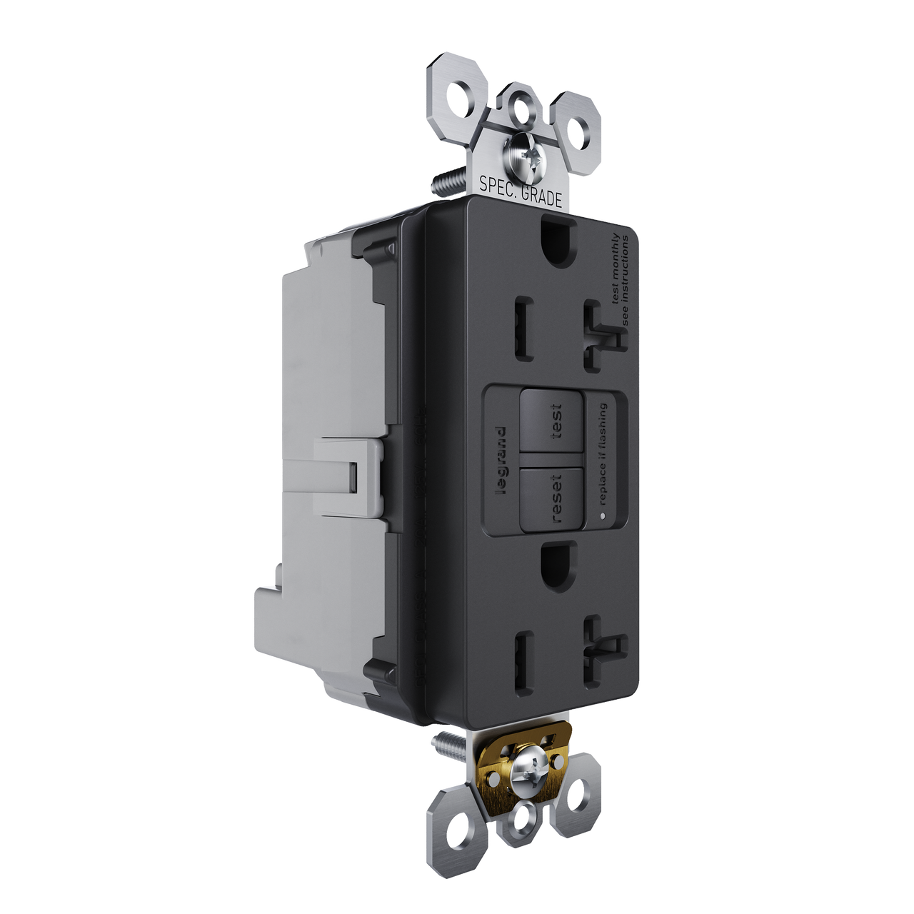 Black GFCI Plugtail with Feed-Through outlet, angled view showing dual receptacle face with test and reset buttons and integrated plugtail wiring terminals.