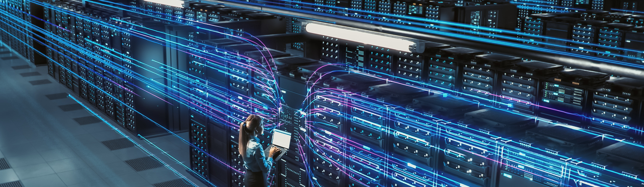 Woman at computer with airwaves going through data center