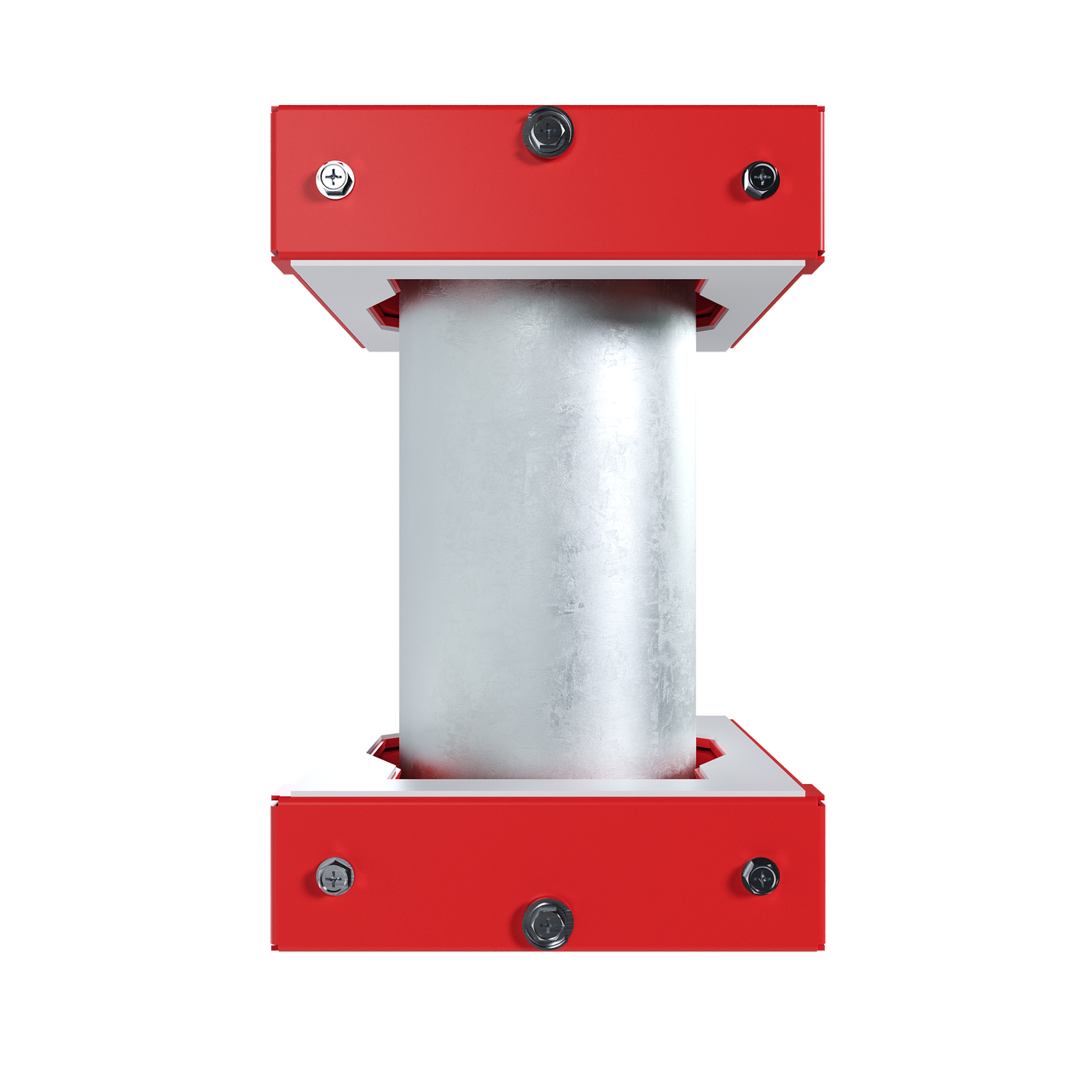 Firestop penetration seal with metal pipe and red mounting hardware
