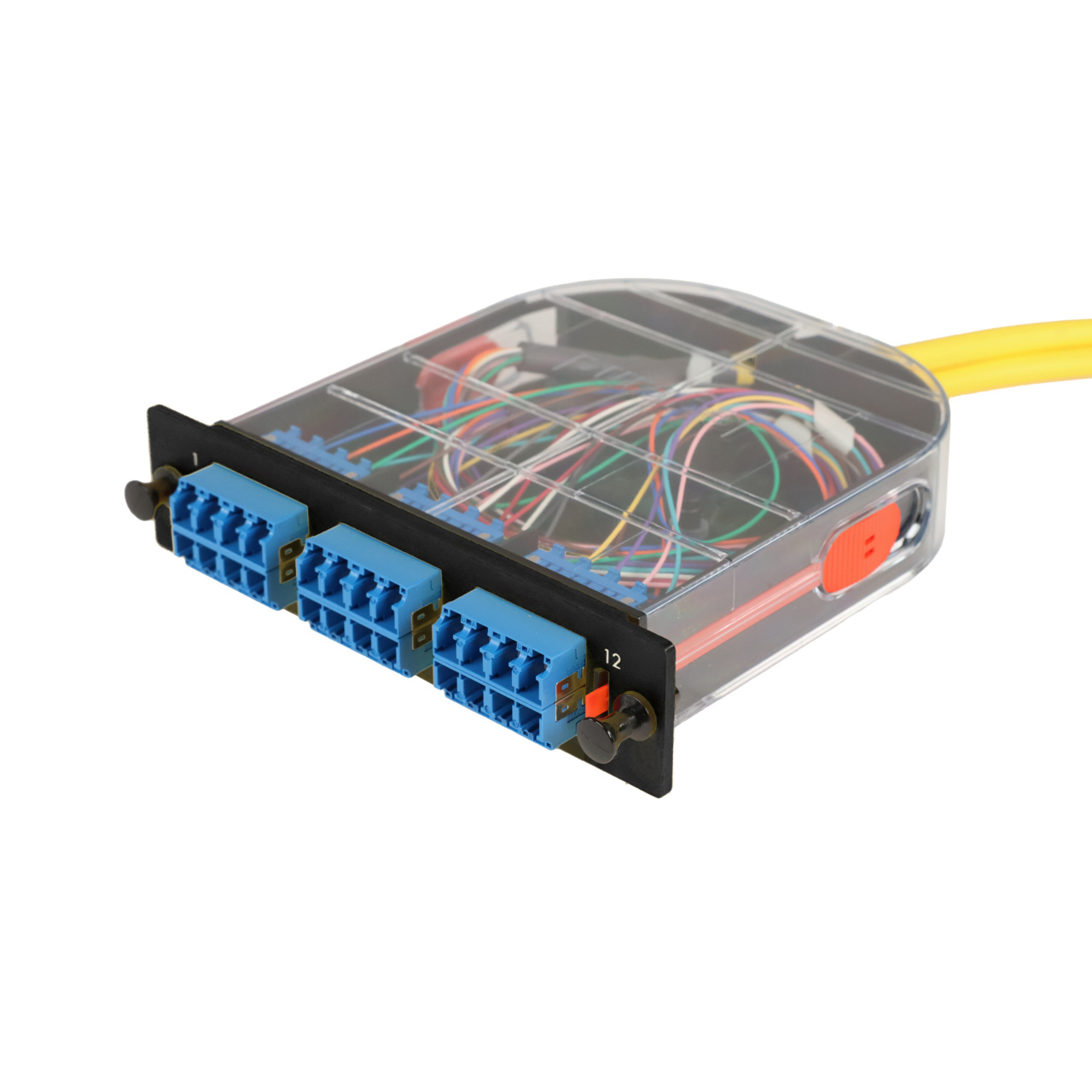 LM2 Cassette, 24 Fiber, LC Quad (6), Single Mode (OS2) to 1 Meter, 900µm Tight Buffer Pigtail trimetric left.