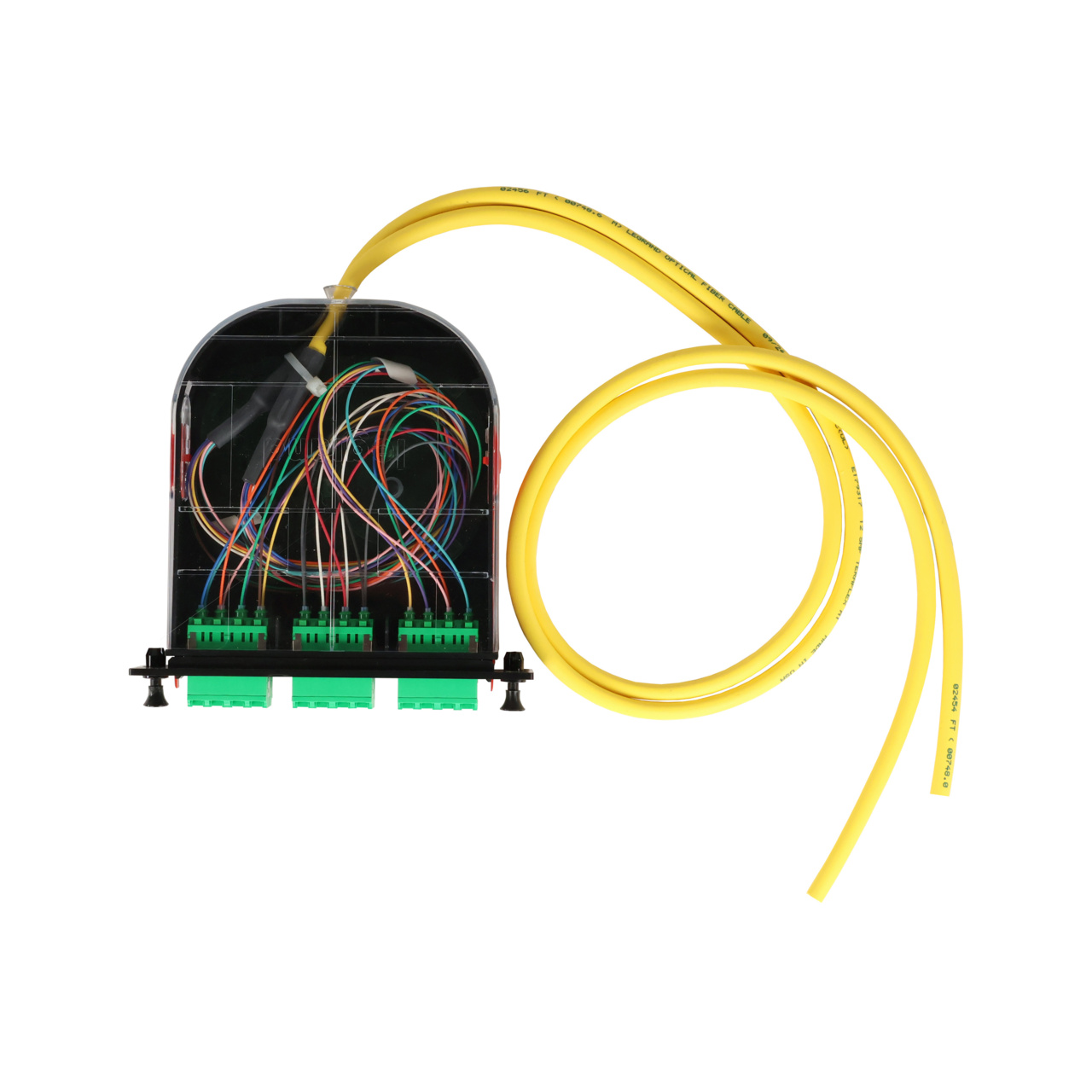 LM2 Cassette, 24 Fiber, LCA Quad (6), Single Mode (OS2) to 1 Meter, 900µm Tight Buffer Pigtail top with cable