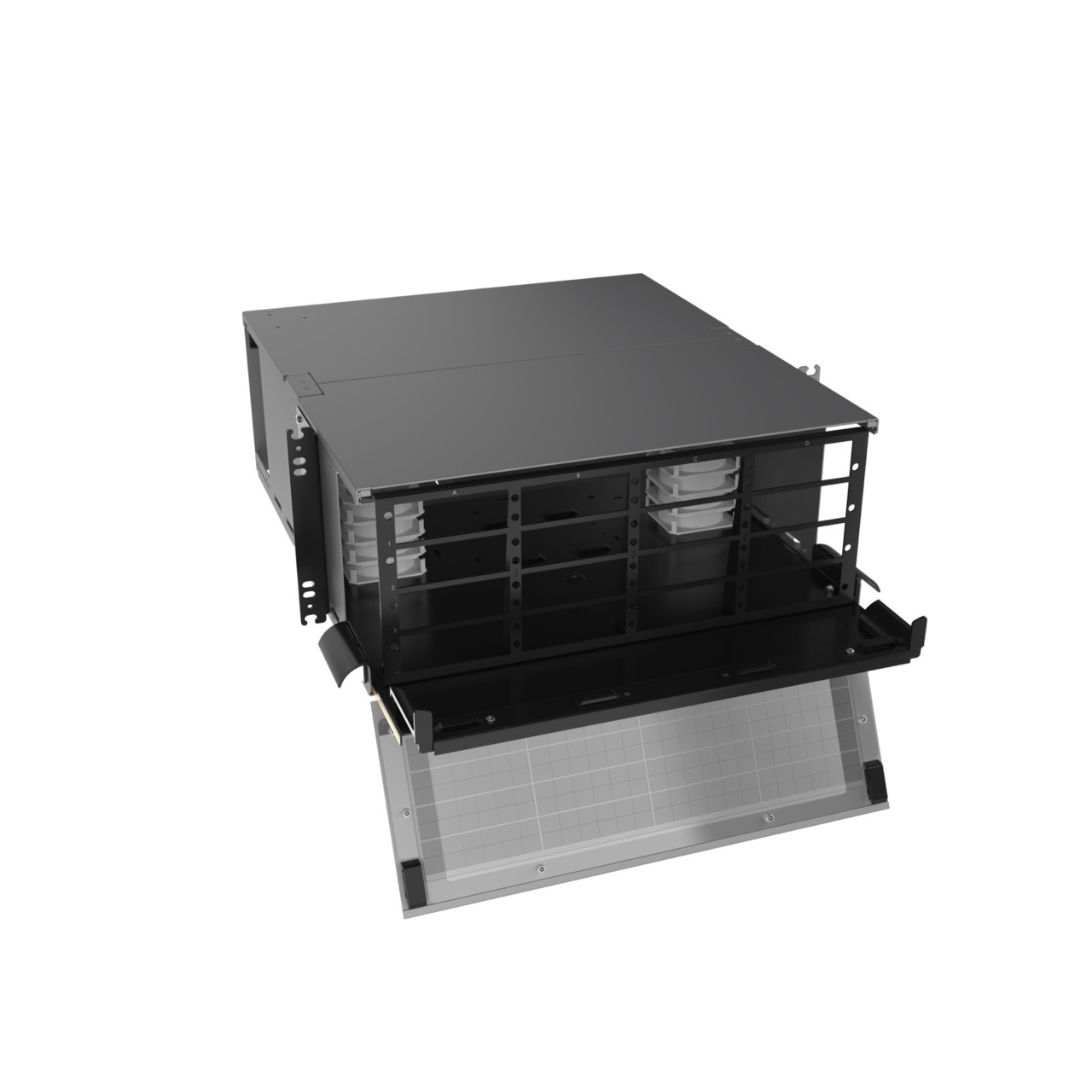 Angled Right, Front Door Open View of 4U Q-series HD Magnesium Fiber Enclosure (EQ04U-KHL-M)