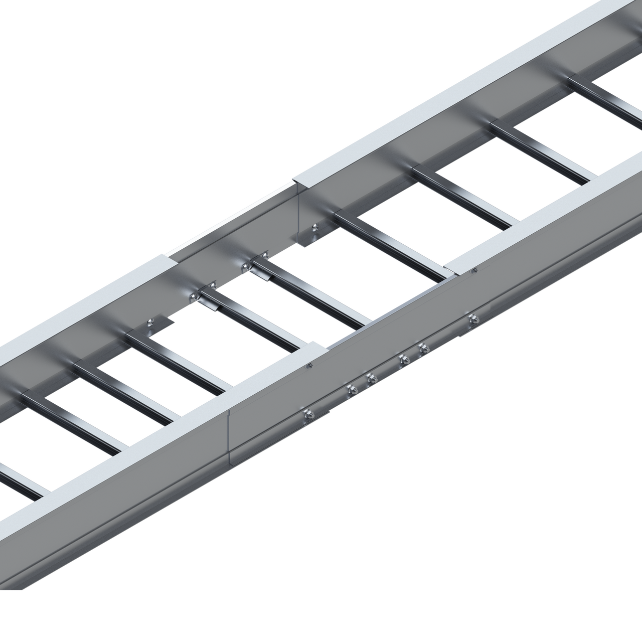 Rendered image of the Gap Filler Splice Plate installed on Cablofils Aluminum Itray Ladder Tray on a white background