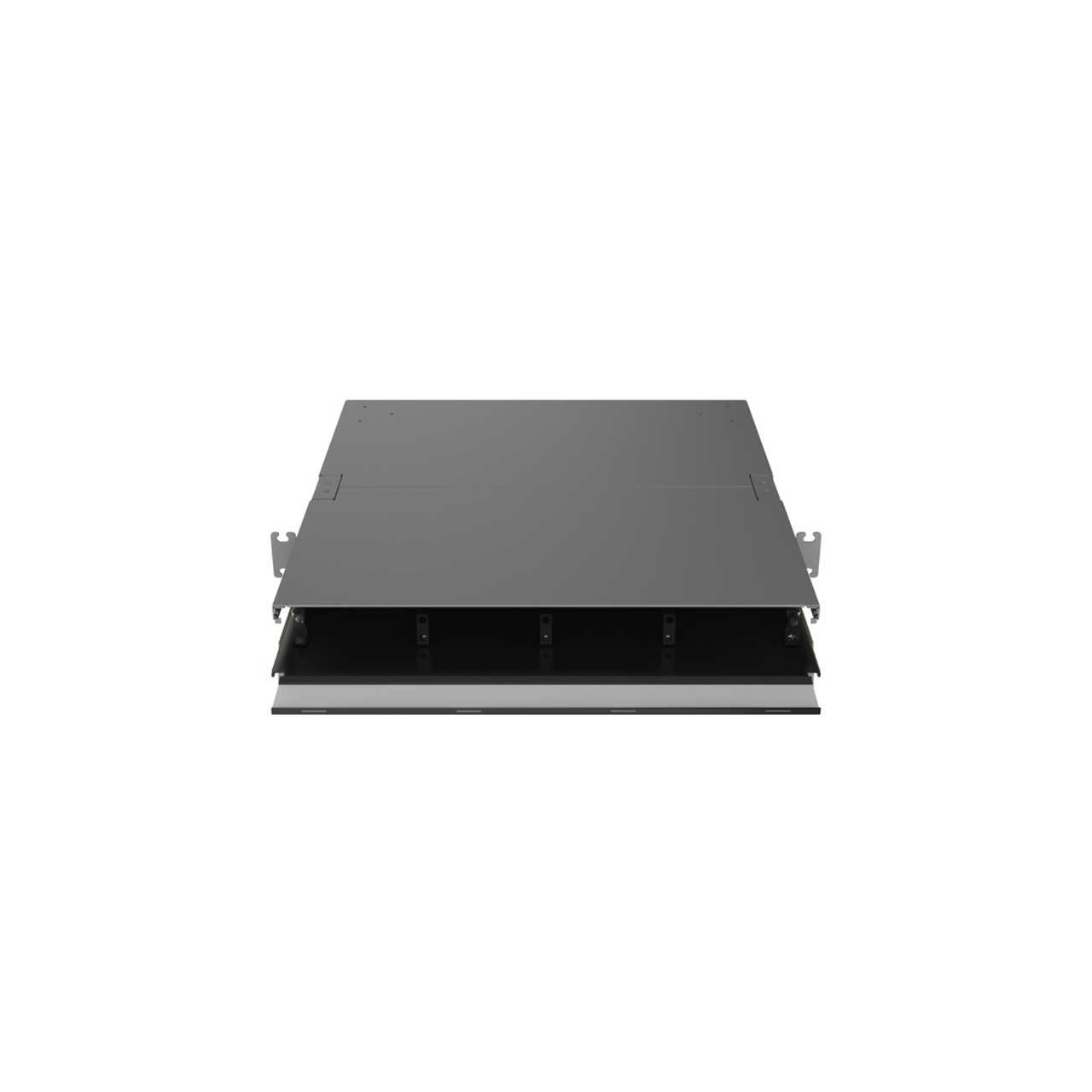 Straight, Slight Angled Down, Front Door Open View of 1U Q-series HD Magnesium Fiber Enclosure (EQ01U-KHL-M)