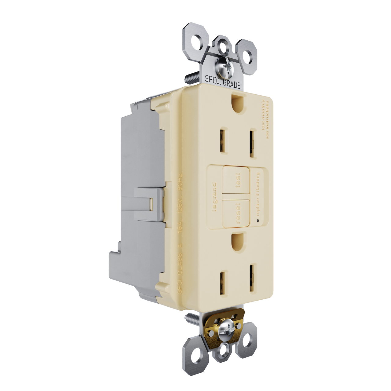 Ivory GFCI Plugtail with Feed-Through outlet, angled view showing dual receptacle face with test and reset buttons and integrated plugtail wiring terminals.