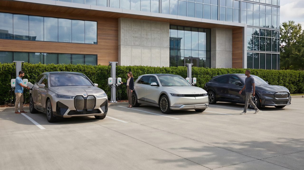 Networked EV Chargers on cable management pedestal. Customers/Employees charging in front of a commerical office building.