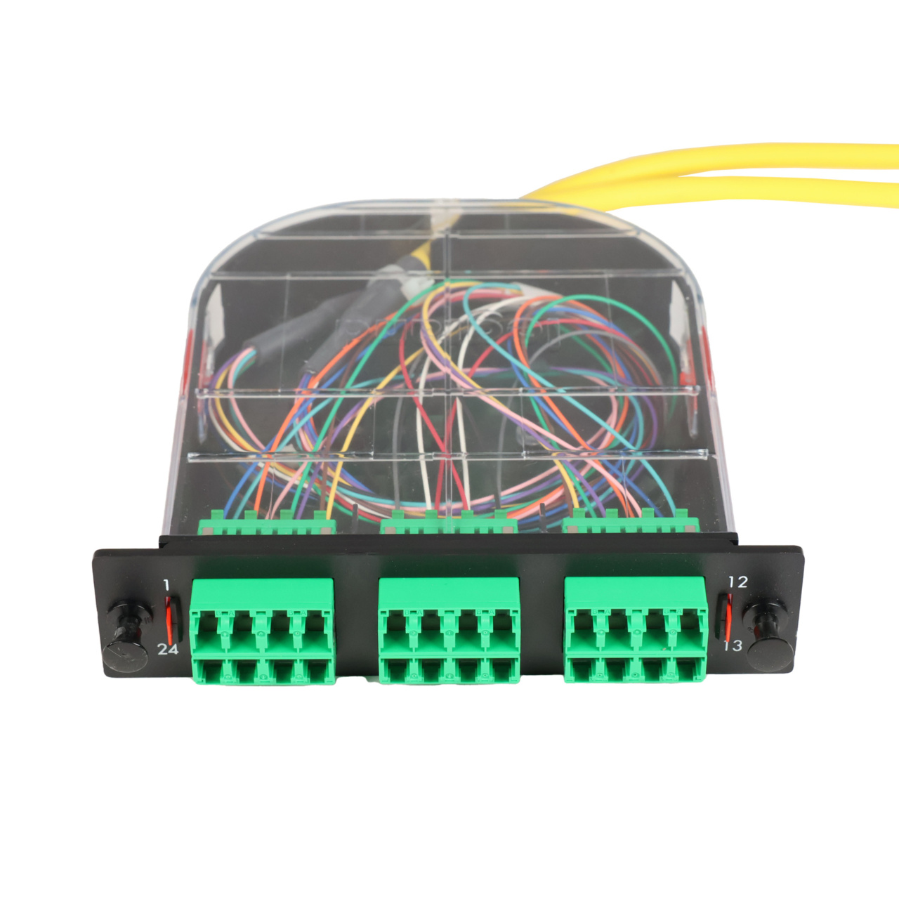 LM2 Cassette, 24 Fiber, LCA Quad (6), Single Mode (OS2) to 1 Meter, 900µm Tight Buffer Pigtail trimetric top