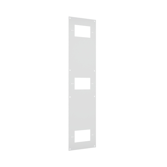 Front left angle view of a three-gang faceplate for a multi service electrical ceiling panel.