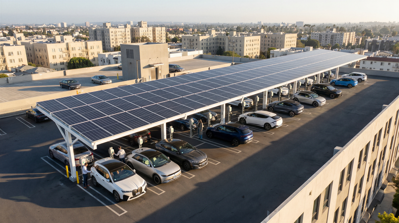 Drone view/wide shot of MDU with Networked EV Chargers on non-cable management dual-sided pedestals. Rooftop EV charging parking lot with Solar panels.