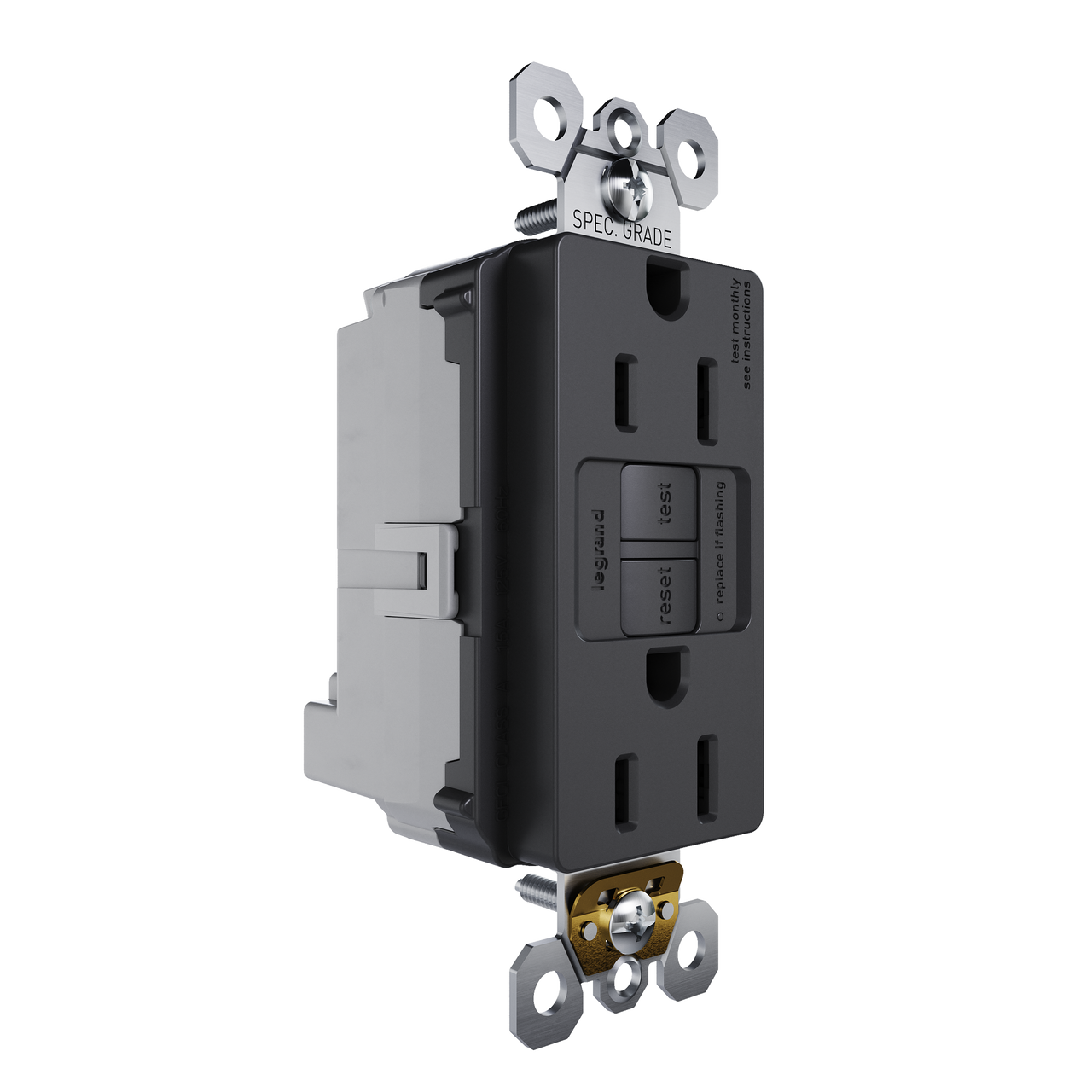 Black GFCI Plugtail with Feed-Through outlet, angled view showing dual receptacle face with test and reset buttons and integrated plugtail wiring terminals.