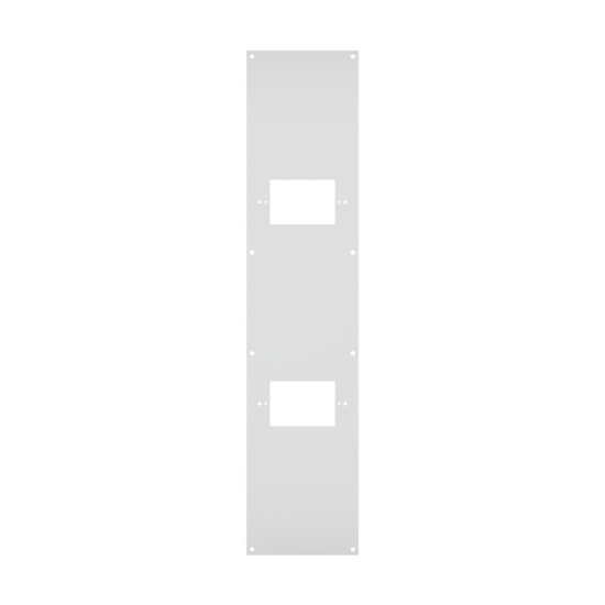 Front view of a two-gang faceplate for a multi service electrical ceiling panel.