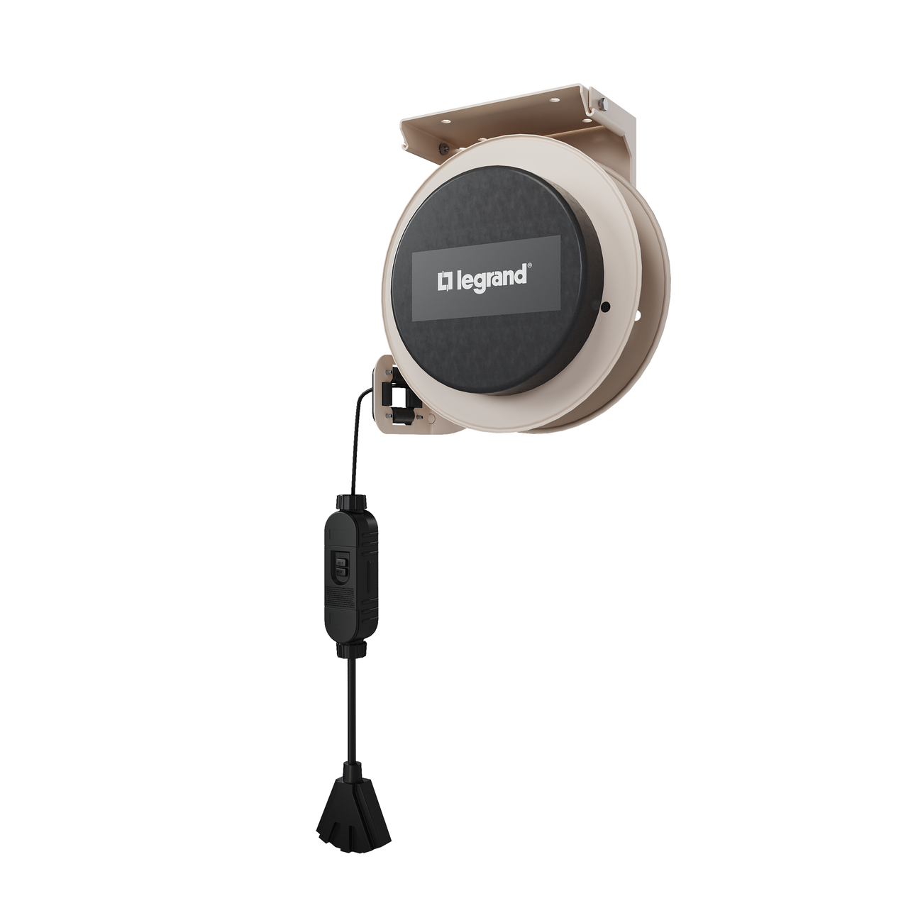Side view of a 1000 Series industrial cable reel featuring a beige housing, black center panel with the Legrand logo, and an extended black tri-tap connector.