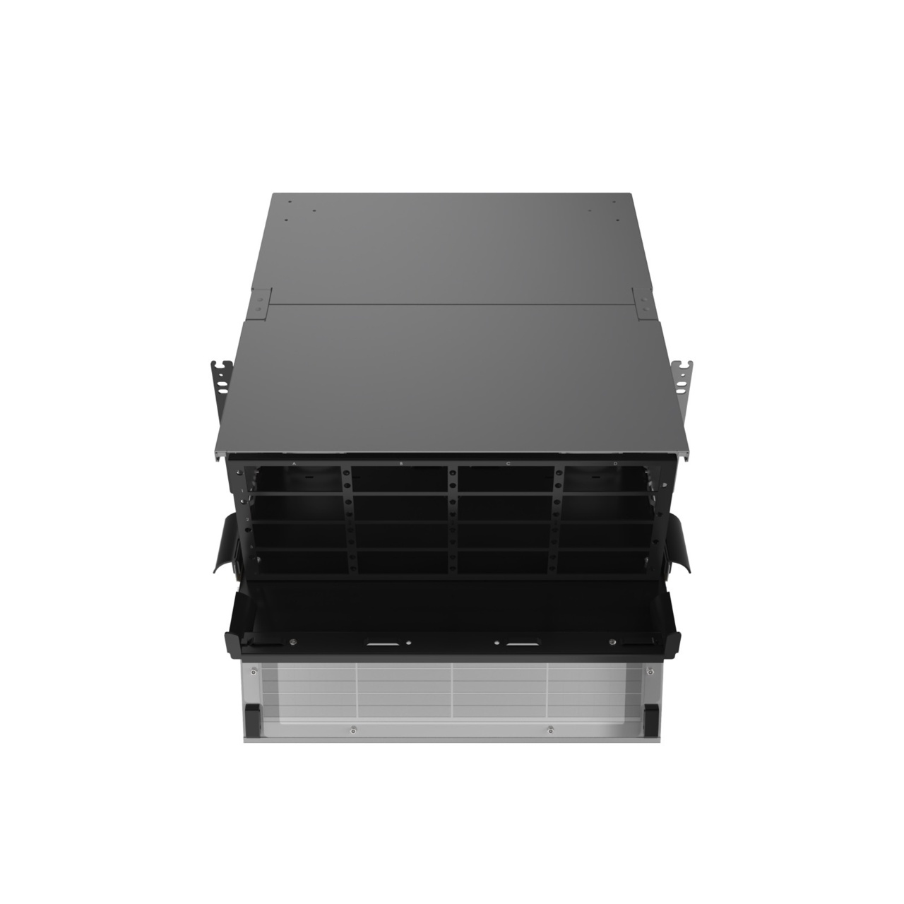 Straight, Angled Down, Front Door Open View of 4U Q-series HD Magnesium Fiber Enclosure (EQ04U-KHL-M)