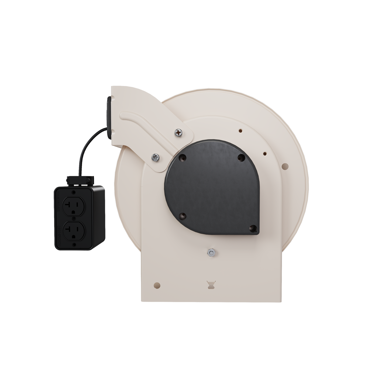 Back view of a 1000 Series industrial cable reel featuring a beige housing, black center panel, and an extended black Quad RB connector.
