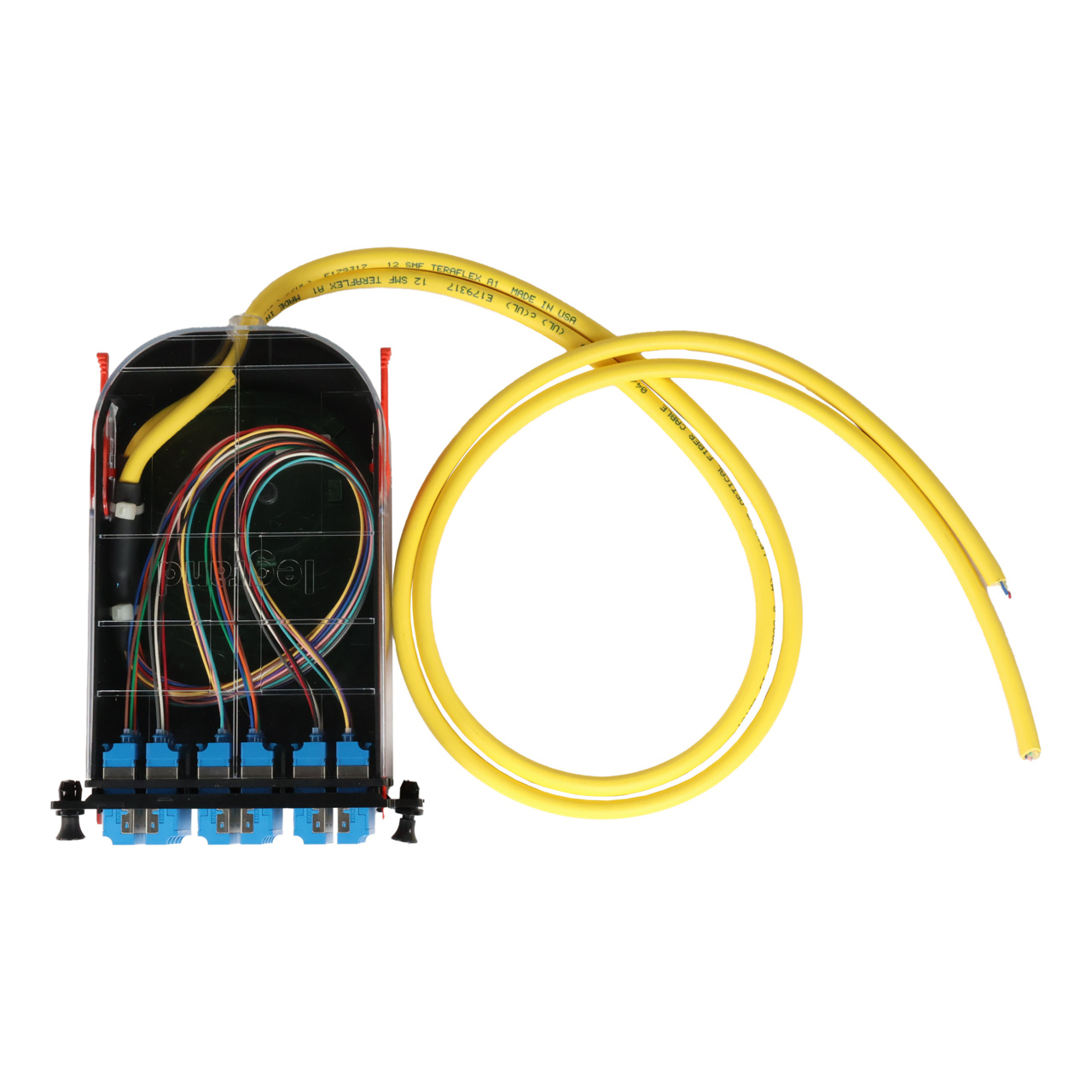 LM4 Cassette, 24 Fiber, LC Quad (6), Single Mode (OS2) to 1 Meter, 900µm Tight Buffer Pigtail top with cable