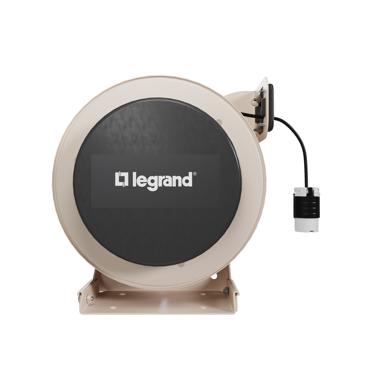 Front view of a 1000 Series industrial cable reel featuring a beige housing, black center panel with the Legrand logo, and a turnlok connector.