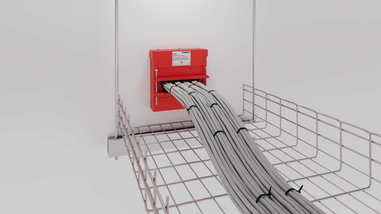 Flamestopper device installed in a data center white space, shown  overhead wire mesh cable tray