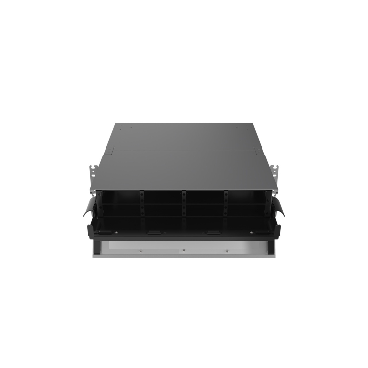 Straight, Slight Angled Down, Front Door Open View of 2U Q-series HD Magnesium Fiber Enclosure (EQ02U-KHL-M)