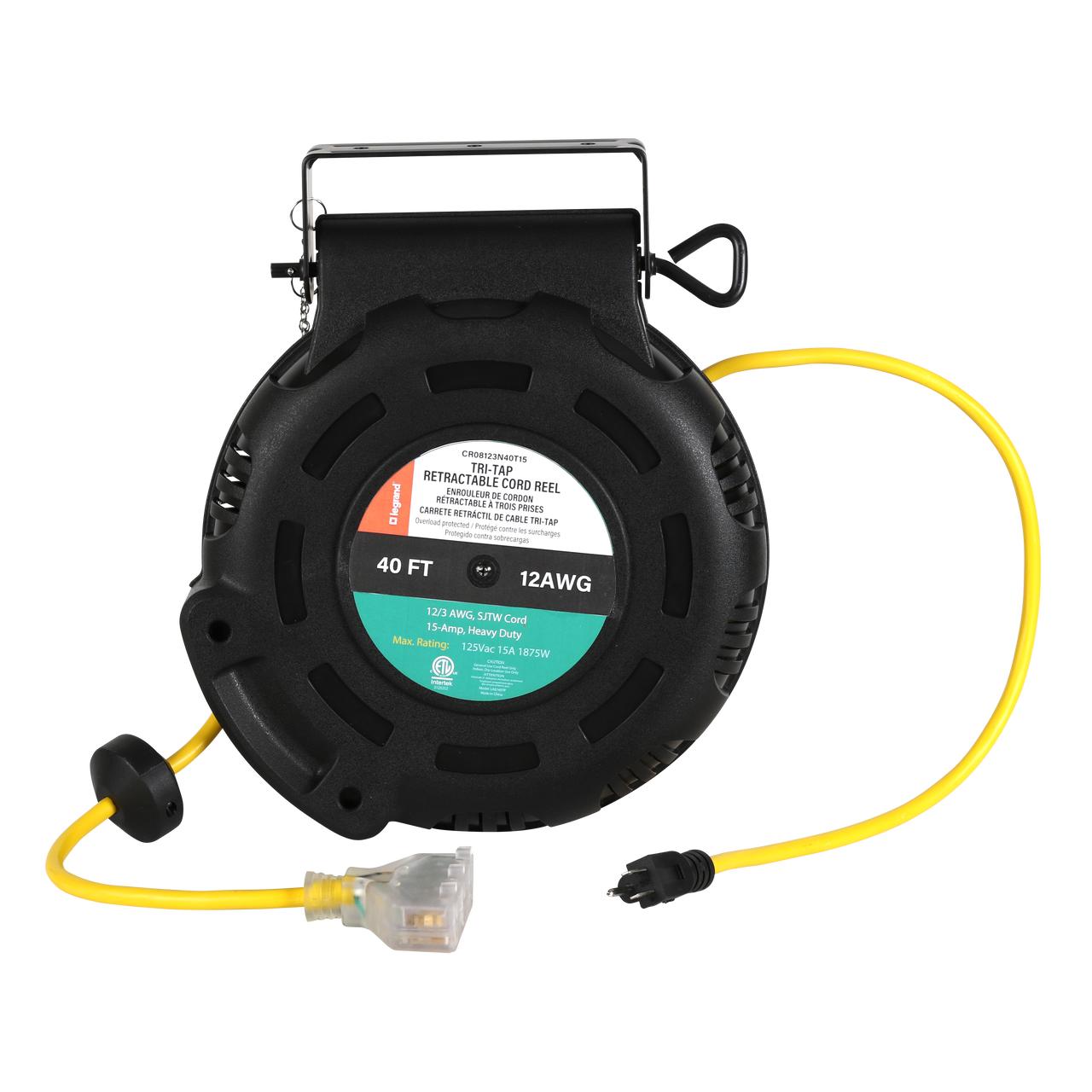 Black and yellow 800 series cable reel with a retractable extension cord, durable round housing, built-in handle and mounting bracket, and grounded plug.