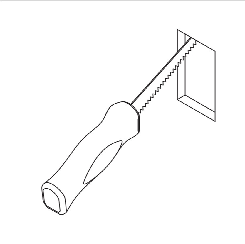 a line drawing of a drywall saw cutting a relief for an outlet