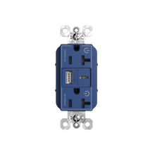 20A 125V Plug Load Dual Controlled Tamper-Resistant Duplex Receptacle with USB A/C Fast Charging Ports, Blue 20A 125V Plug Load Dual Controlled Tamper-Resistant Duplex Receptacle with USB A/C Fast Charging Ports, Blue