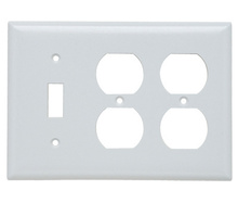 3-Gang Thermoset Wall Plate, 1 Toggle Switch, 2 Duplex Receptacle, White 3-Gang Thermoset Wall Plate, 1 Toggle Switch, 2 Duplex Receptacle, White