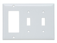 Combination Openings, 2 Toggle Switch and 1 Decorator, Three Gang, White