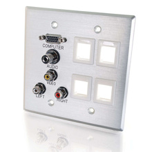 Discontinued - VGA, 3.5mm Audio, Composite Video and RCA Stereo Audio Pass Through Double Gang Wall Plate with Four Keystones - Brushed Aluminum