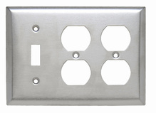 3-Gang 302/304 Stainless Steel Wall Plate, 1 Toggle Switch and 2 Duplex Receptacle 3-Gang 302/304 Stainless Steel Wall Plate, 1 Toggle Switch and 2 Duplex Receptacle