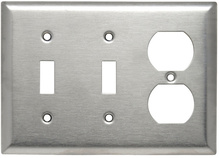 3-Gang 302/304 Stainless Steel Wall Plate, 2 Toggle Switch Openings, 1 Duplex Receptacle Opening 3-Gang 302/304 Stainless Steel Wall Plate, 2 Toggle Switch Openings, 1 Duplex Receptacle Opening
