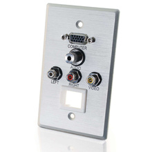 Discontinued - VGA, 3.5mm Audio, Composite Video and RCA Stereo Audio Pass Through Single Gang Wall Plate with One Keystone (Bottom) - Brushed Aluminum