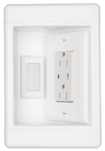 Single-Gang Recessed TV Box with Surge Protective Duplex Receptacle and Cable Access Port, White Single-Gang Recessed TV Box with Surge Protective Duplex Receptacle and Cable Access Port, White