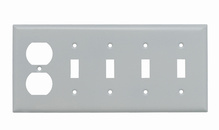 5-Gang 302/304 Stainless Steel Wall Plate, 4 Toggle Switch Openings, 1 Duplex Receptacle Opening, Painted White 5-Gang 302/304 Stainless Steel Wall Plate, 4 Toggle Switch Openings, 1 Duplex Receptacle Opening, Painted White
