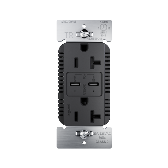 65W Commercial USB Outlet, Type C, 20A, Tamper-Resistant, Black