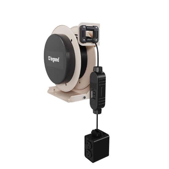 Side view of a 1000 Series industrial cable reel featuring a beige housing, black center panel with the Legrand logo, and an extended black Quad RB GFCI connector.