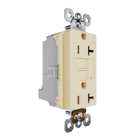 Ivory GFCI Plugtail with Feed-Through outlet, angled view showing dual receptacle face with test and reset buttons and integrated plugtail wiring terminals.