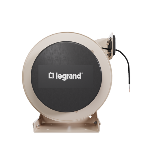 Front view of a 1000 Series industrial cable reel featuring a beige housing, black center panel with the Legrand logo with a flying lead connector.