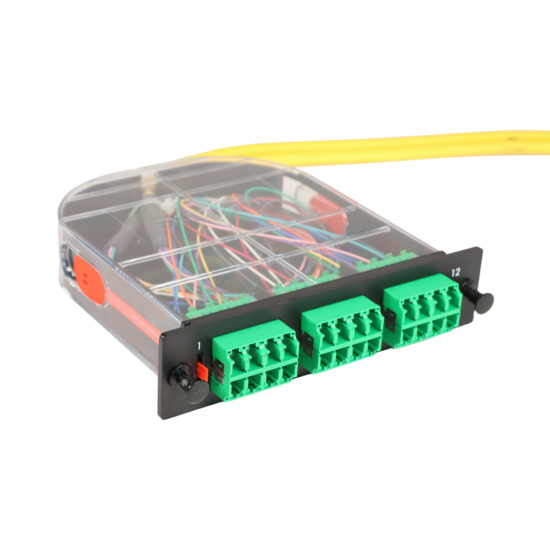 LM2 Cassette, 24 Fiber, LCA Quad (6), Single Mode (OS2) to 1 Meter, 900µm Tight Buffer Pigtail trimetric right