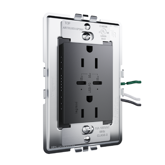 angle view from left of adorne 65w usb 15amp in graphite