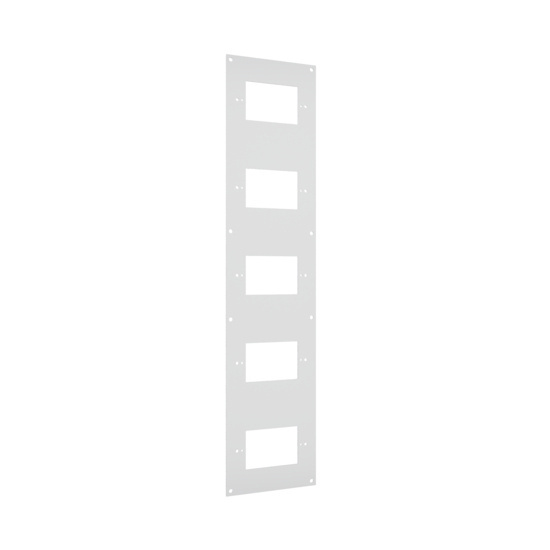 Left angle view of a five-gang faceplate for a multi service electrical ceiling panel.