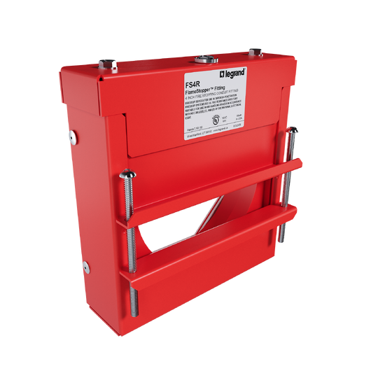Flamestopper firestop fitting with red steel housing and adjustable mounting hardware for pipe and conduit penetrations