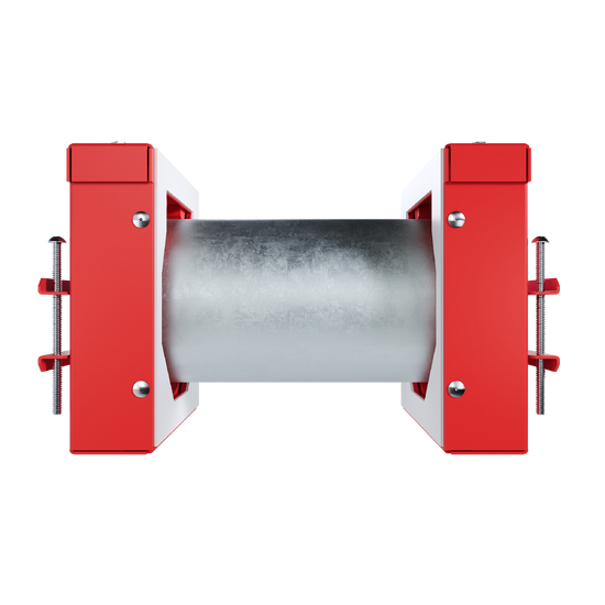 Firestop penetration seal with metal pipe and red mounting hardware