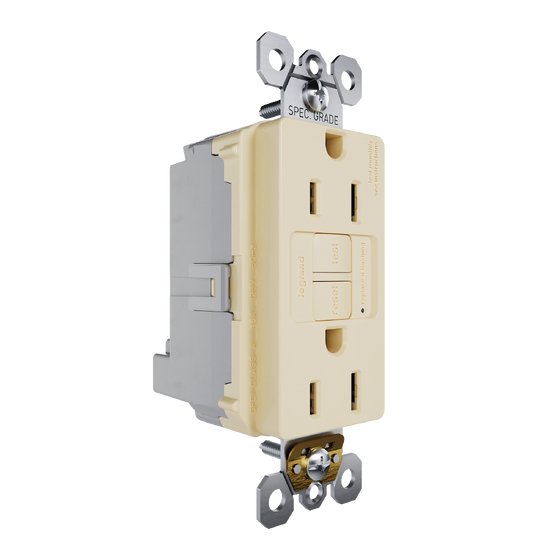 Ivory GFCI Plugtail with Feed-Through outlet, angled view showing dual receptacle face with test and reset buttons and integrated plugtail wiring terminals.