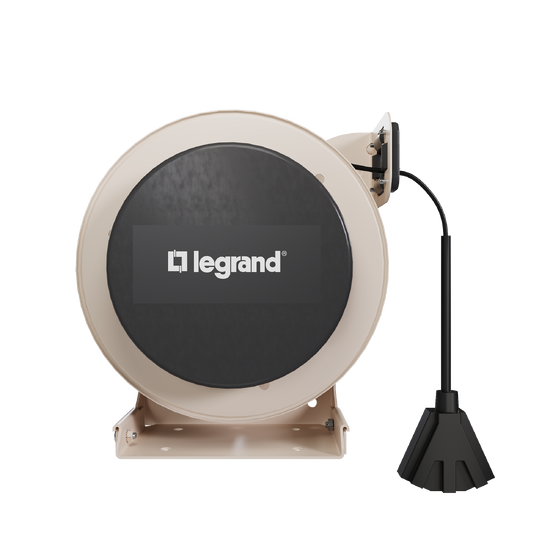 Front view of a 1000 Series industrial cable reel featuring a beige housing, black center panel with the Legrand logo, and an extended black tri-tap power connector.